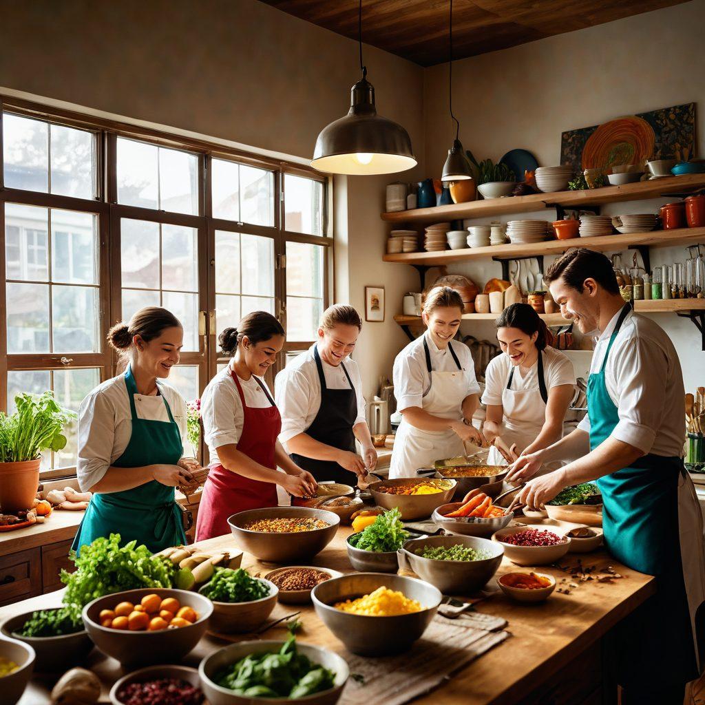 A joyful kitchen scene with a diverse group of chefs passionately cooking together, surrounded by colorful fresh ingredients, vibrant spices, and an array of delicious dishes. The ambiance is warm and inviting, featuring sunlight streaming through the window, illuminating a handwritten recipe notebook and joyfully shared laughter. The scene should evoke a sense of adventure and happiness in cooking. super-realistic. vibrant colors. warm tones.