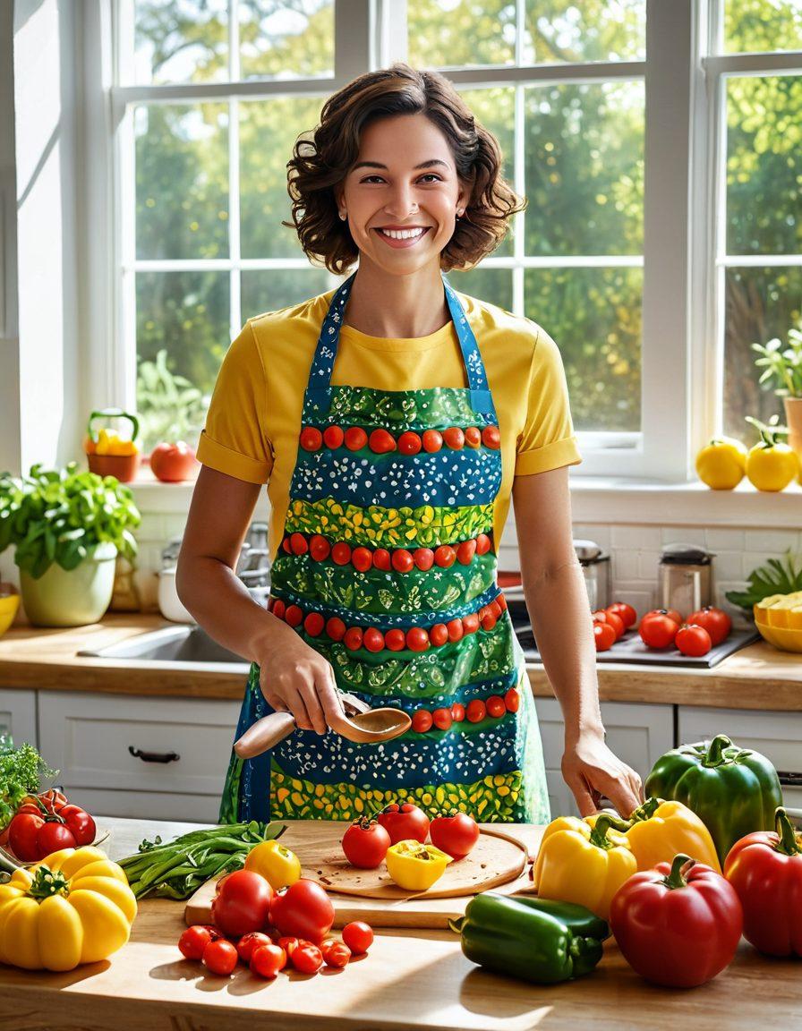 A cozy kitchen scene filled with colorful fresh ingredients, cheerful cooking utensils, and a smiling chef preparing a vibrant dish. Sunlight streams through a window, creating a warm and inviting atmosphere, with playful splashes of colors from vegetables and spices. Add elements of joy and creativity, such as handwritten recipes and a cheerful cookbook open on the counter. The overall mood should evoke happiness and inspiration in cooking. super-realistic. vibrant colors. warm lighting.