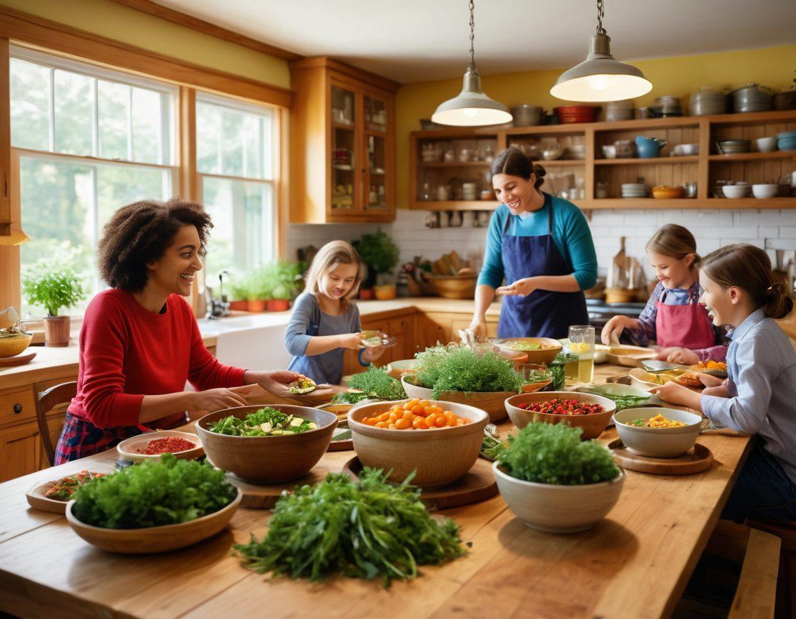 A warm, inviting family kitchen filled with bright colors and delicious-looking dishes on the table, showcasing diverse homemade meals. Happy family members of different ages are cooking together, sharing laughs and joy. A background filled with fresh ingredients and herbs, evoking a sense of comfort and togetherness in cooking. Super-realistic. Vibrant colors. Cozy atmosphere.